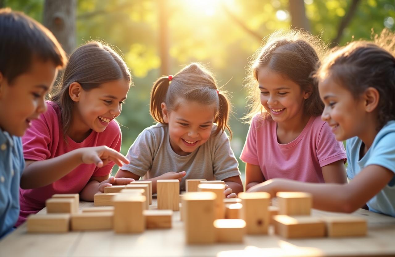 Diverse group of happy children playing with wooden blocks in a sunlit room.