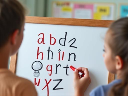 A child practicing writing letters on a small whiteboard with an educator's guidance.