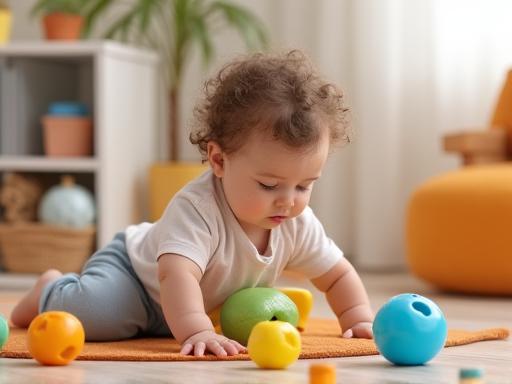 An infant playing with soft sensory toys in a colorful, safe nursery.