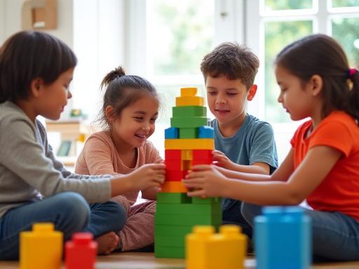 A group of preschoolers collaboratively building a tower with large blocks.