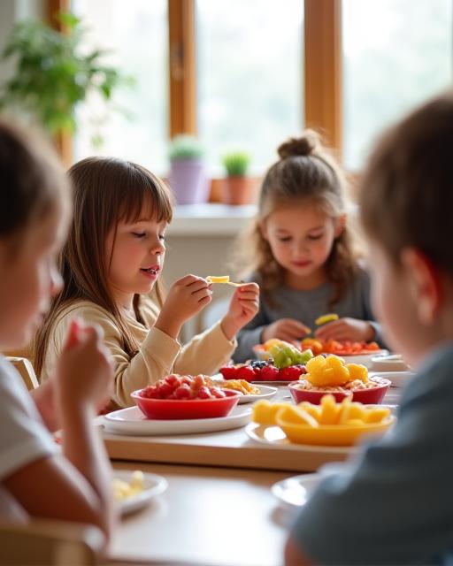 Children sitting at a small table enjoying a healthy fruit snack together.